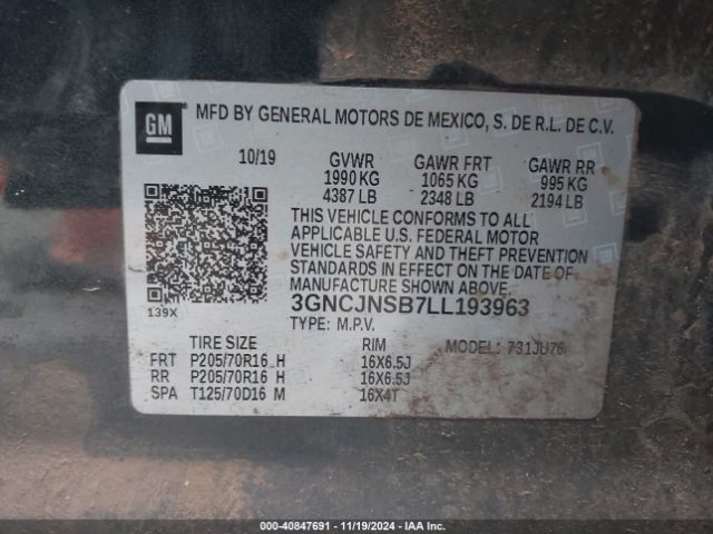 3GNCJNSB7LL193963 Chevrolet Trax Awd Ls