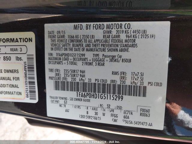 Ford FUSION SE 2016 1FA6P0HD1G5115299 Image 9