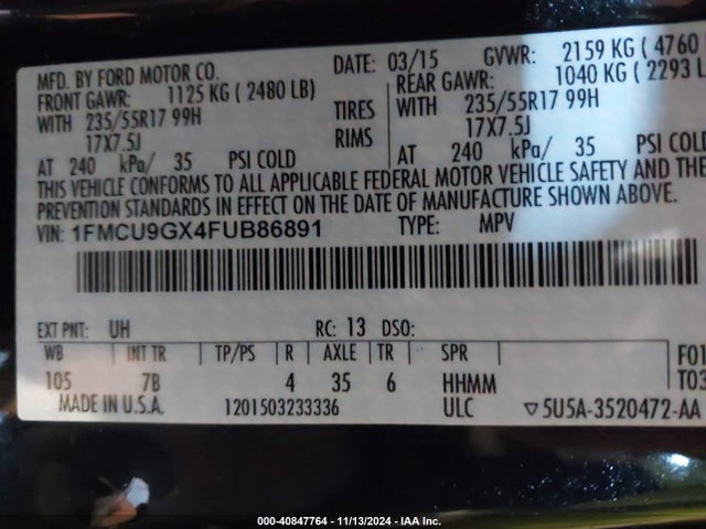 Ford ESCAPE SE 2015 1FMCU9GX4FUB86891 Image 9