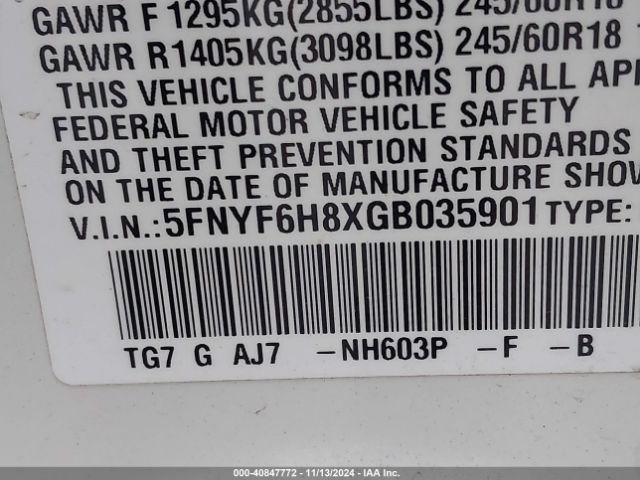 5FNYF6H8XGB035901 Honda Pilot Ex-l