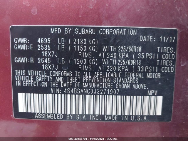 Subaru Outback 2.5i Limited 2018 4S4BSANC0J3271907 Image 9