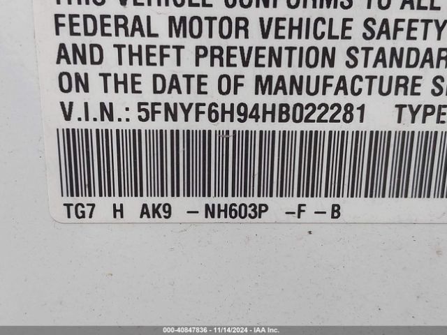 5FNYF6H94HB022281 Honda Pilot Touring