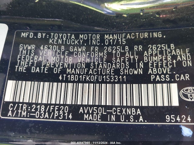 4T1BD1FK0FU153311 Toyota Camry Hybrid Le