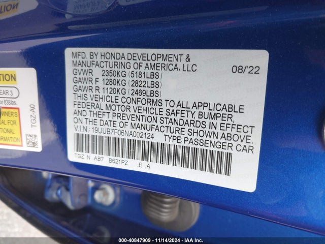 2022 Acura Tlx Type S მანქანა იყიდება აუქციონზე, vin: 19UUB7F06NA002124, აუქციონის ნომერი: 40847909