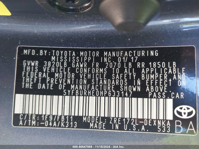 5YFBURHE0HP633147 Toyota COROLLA LE