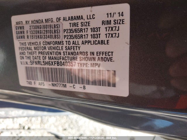 Honda Odyssey Ex-l 2015 5FNRL5H6XFB040357 Image 9
