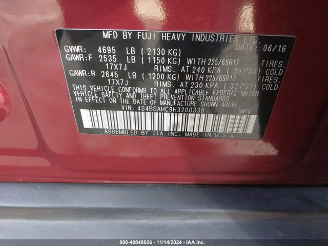 4S4BSAHC9H3200338 Subaru Outback 2.5i Premium
