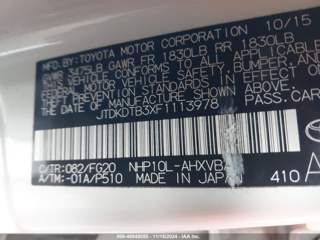 JTDKDTB3XF1113978 Toyota Prius C Two
