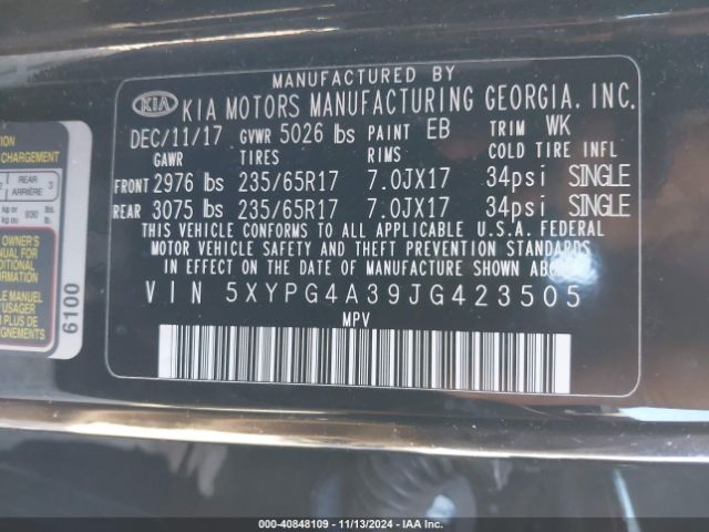 5XYPG4A39JG423505 KIA Sorento 2.4l L