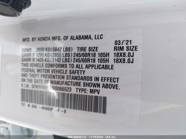 5FNYF6H53MB066523 Honda Pilot Awd Ex-l