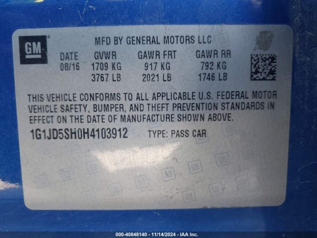1G1JD5SH0H4103912 Chevrolet Sonic Lt Auto