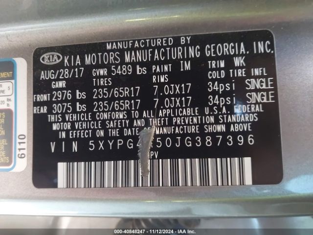 5XYPG4A50JG387396 KIA Sorento 3.3l Lx