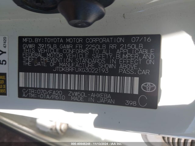 Toyota Prius Two 2016 JTDKBRFUXG3022193 Image 9