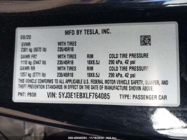 5YJ3E1EBXLF764085 Tesla Model 3 Long Range Dual Motor All-wheel Drive