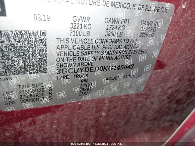 3GCUYDED0KG145843 Chevrolet Silverado 1500 Lt