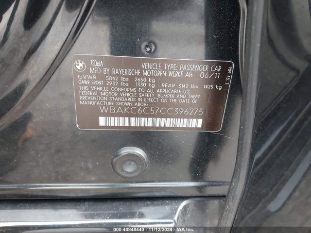 2012 Bmw 750i Xdrive მანქანა იყიდება აუქციონზე, vin: WBAKC6C57CC396275, აუქციონის ნომერი: 40848440