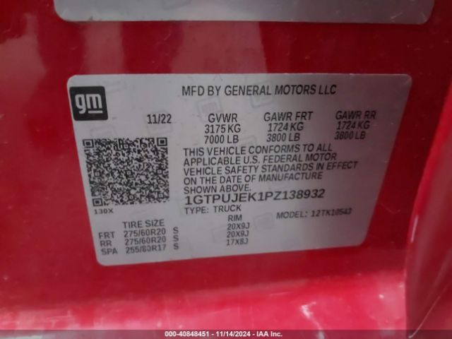 1GTPUJEK1PZ138932 GMC Sierra 1500 4wd  Short Box Elevation With 3vl