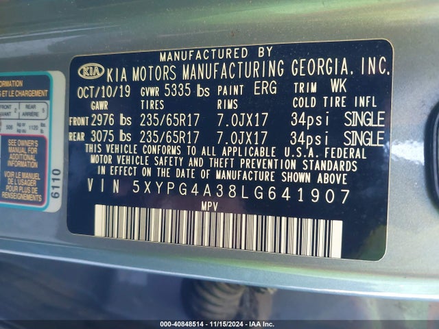 5XYPG4A38LG641907 KIA Sorento 2.4l Lx