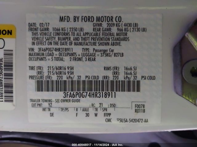 3FA6P0G74HR318911 Ford FUSION S