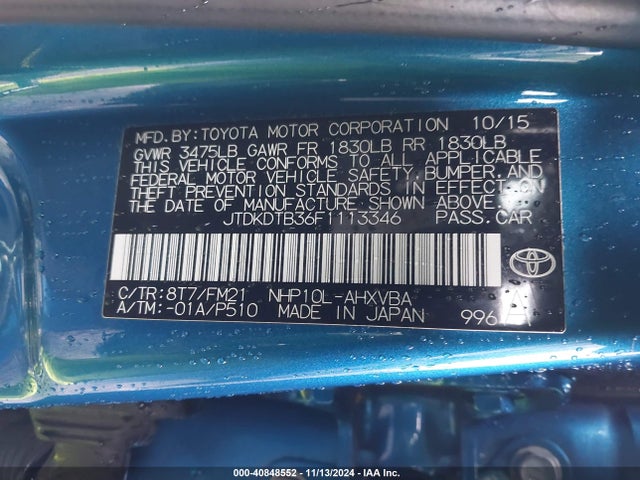 JTDKDTB36F1113346 Toyota Prius C Two