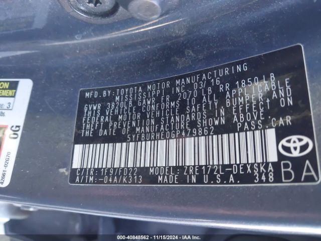 5YFBURHE0GP479862 Toyota Corolla S