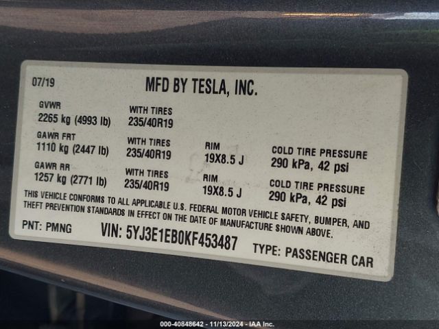5YJ3E1EB0KF453487 Tesla Model 3 Long Range/performance