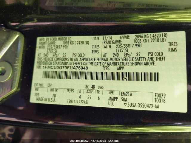 Ford ESCAPE SE 2015 1FMCU0G70FUA76948 Image 9