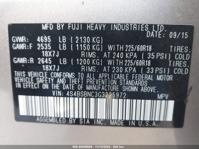 Subaru Outback 2.5i Limited 2016 4S4BSBNC3G3225972 Image 9