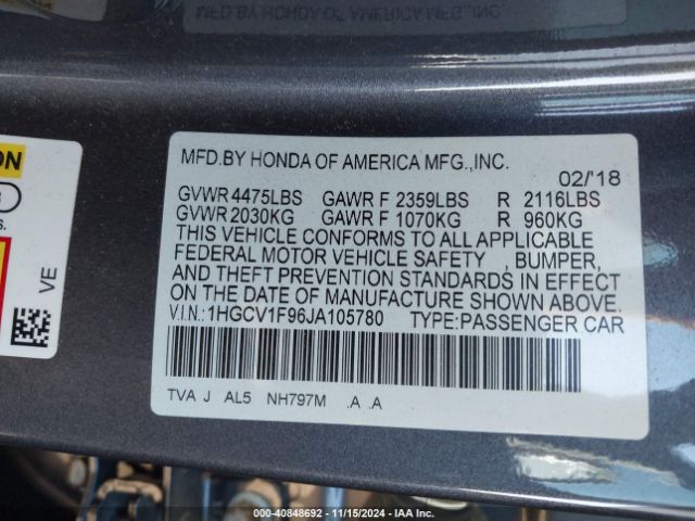 1HGCV1F96JA105780 Honda Accord Touring