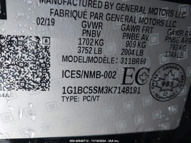 1G1BC5SM3K7148191 Chevrolet CRUZE LS
