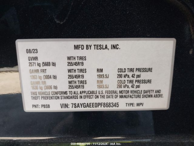 7SAYGAEE0PF868345 Tesla Model Y Awd/long Range Dual Motor All-wheel Drive