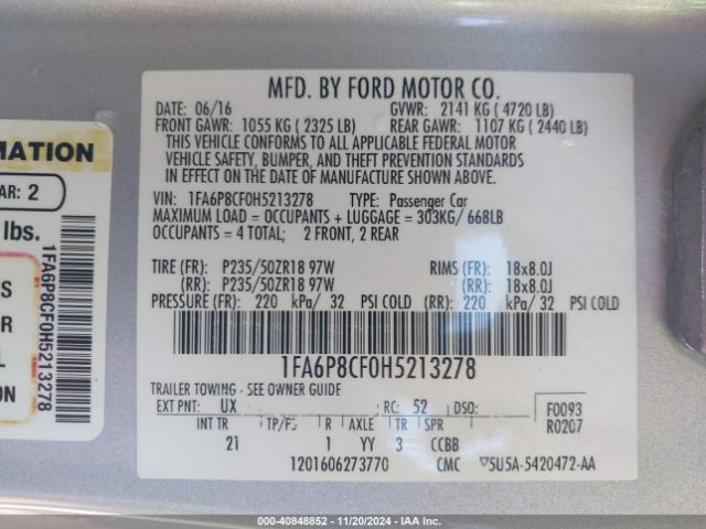 1FA6P8CF0H5213278 Ford MUSTANG GT