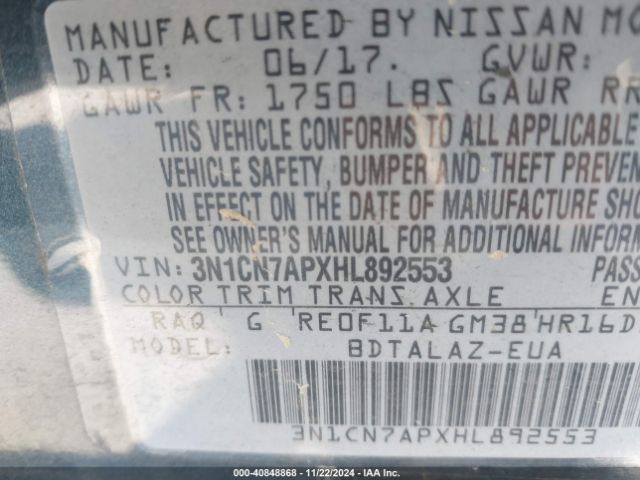 3N1CN7APXHL892553 Nissan Versa 1.6 S+