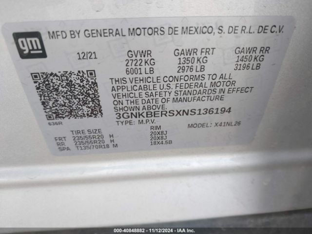 3GNKBERSXNS136194 Chevrolet Blazer Fwd Rs