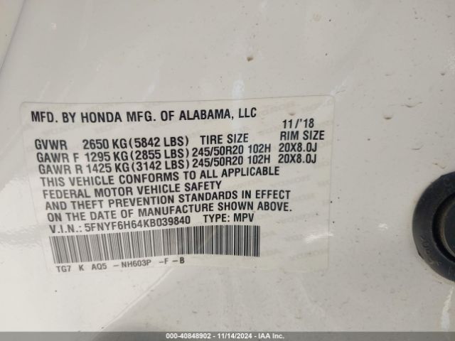 5FNYF6H64KB039840 Honda Pilot Touring