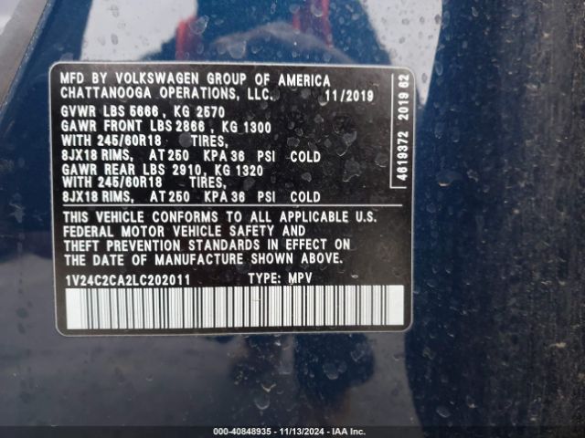 1V24C2CA2LC202011 Volkswagen Atlas Cross Sport 2.0t Se