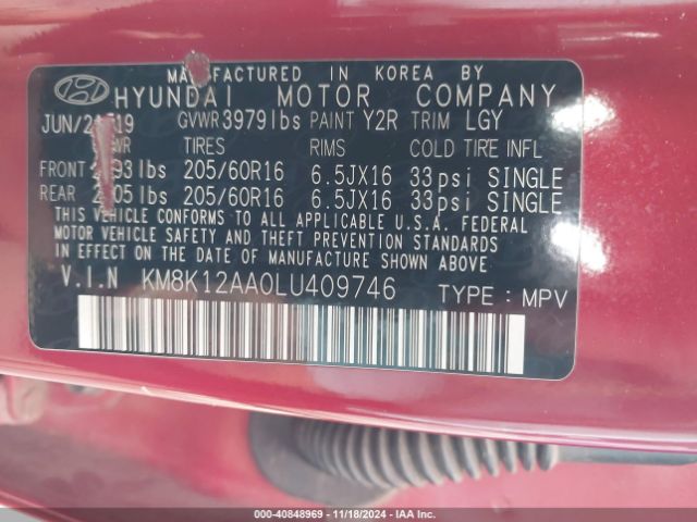 KM8K12AA0LU409746 Hyundai Kona Se