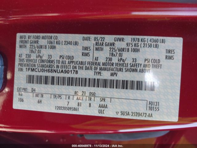 1FMCU0H68NUA90178 Ford ESCAPE SEL