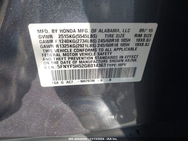 Honda Pilot Ex-l 2016 5FNYF5H52GB014363 Image 9