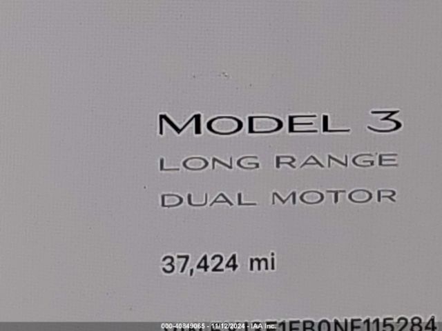 5YJ3E1EB0NF115284 Tesla Model 3 Long Range Dual Motor All-wheel Drive