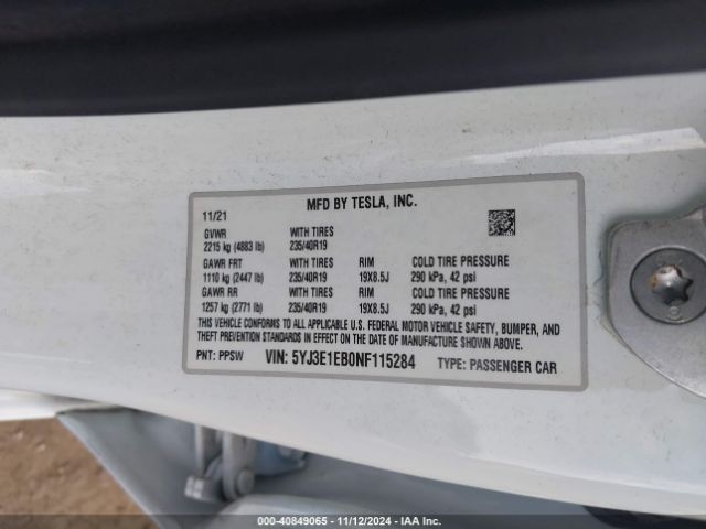 5YJ3E1EB0NF115284 Tesla Model 3 Long Range Dual Motor All-wheel Drive