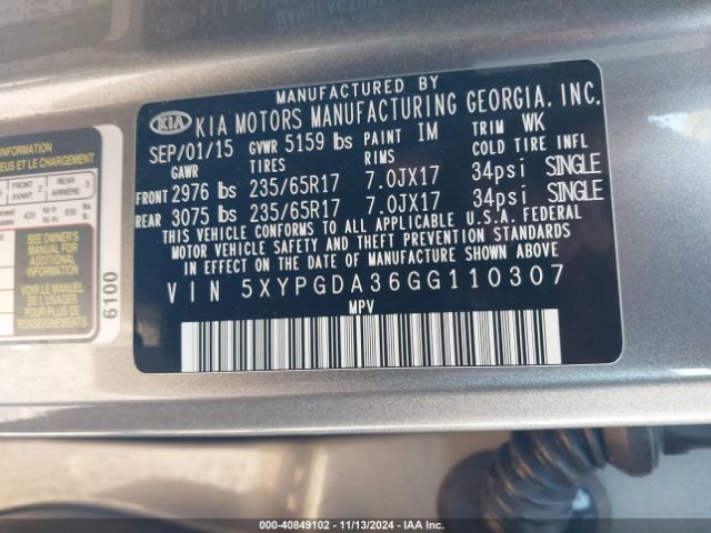 5XYPGDA36GG110307 KIA Sorento 2.4l Lx
