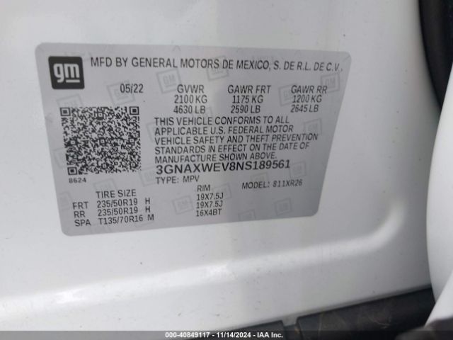 3GNAXWEV8NS189561 Chevrolet Equinox Awd Rs