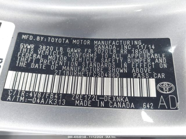 2T1BURHE1FC304860 Toyota Corolla Le Plus