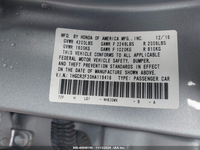 Honda ACCORD LX 2017 1HGCR2F30HA119416 Image 9