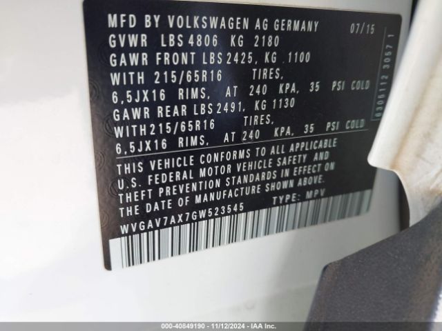 WVGAV7AX7GW523545 Volkswagen TIGUAN S