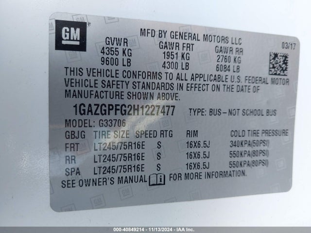 1GAZGPFG2H1227477 Chevrolet Express 3500 Lt