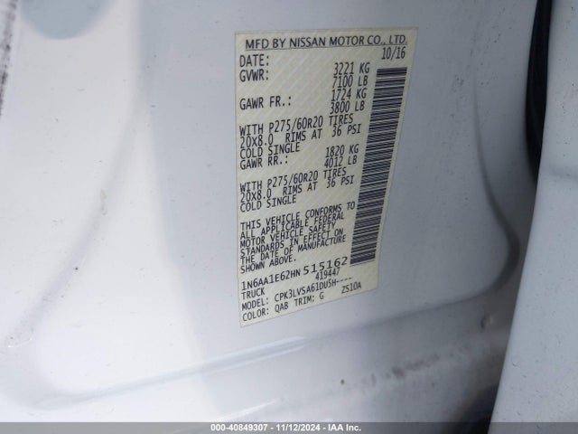 Nissan Titan Sl 2017 1N6AA1E62HN515162 Image 9