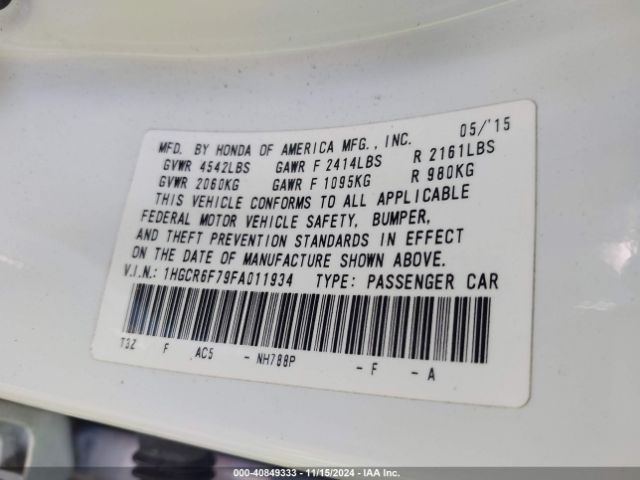 1HGCR6F79FA011934 Honda Accord Hybrid Touring
