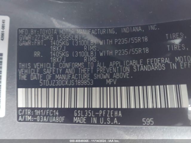 5TDJZ3DCXJS189853 Toyota Sienna Le 7 Passenger